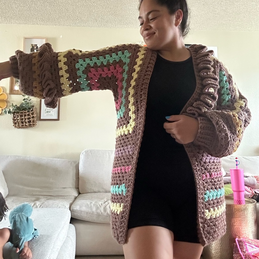 HANDMADE MILK CHOCOLATE crochet ruffled cardigan